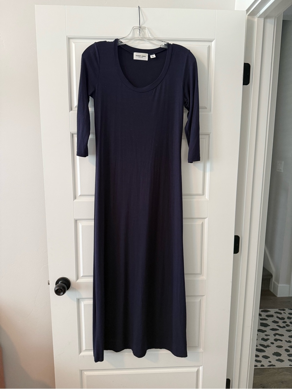 Women's Navy Scoop Neck Maxi Dress with Three-Quarter Sleeves